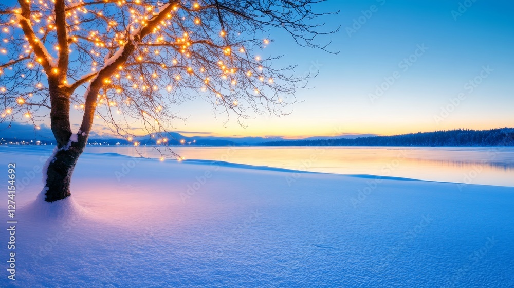 Winter Wonderland Lake Scene - Tranquil winter scene with a snow-covered lake, illuminated tree, and a serene sunset sky. Perfect for holiday or winter themed projects