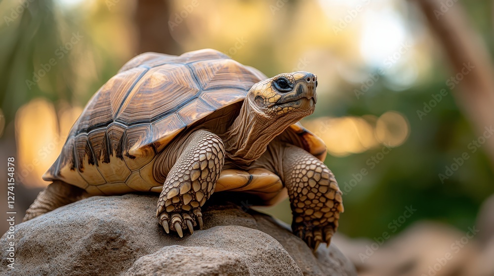 An elegant tortoise poses on a natural rock as the sunlight filters through the greenery, showcasing the intricate details of its shell and serene disposition. An elegant tortoise poses on a natural rock as the sunlight filters through the greenery, showcasing the intricate details of its shell and serene disposition.