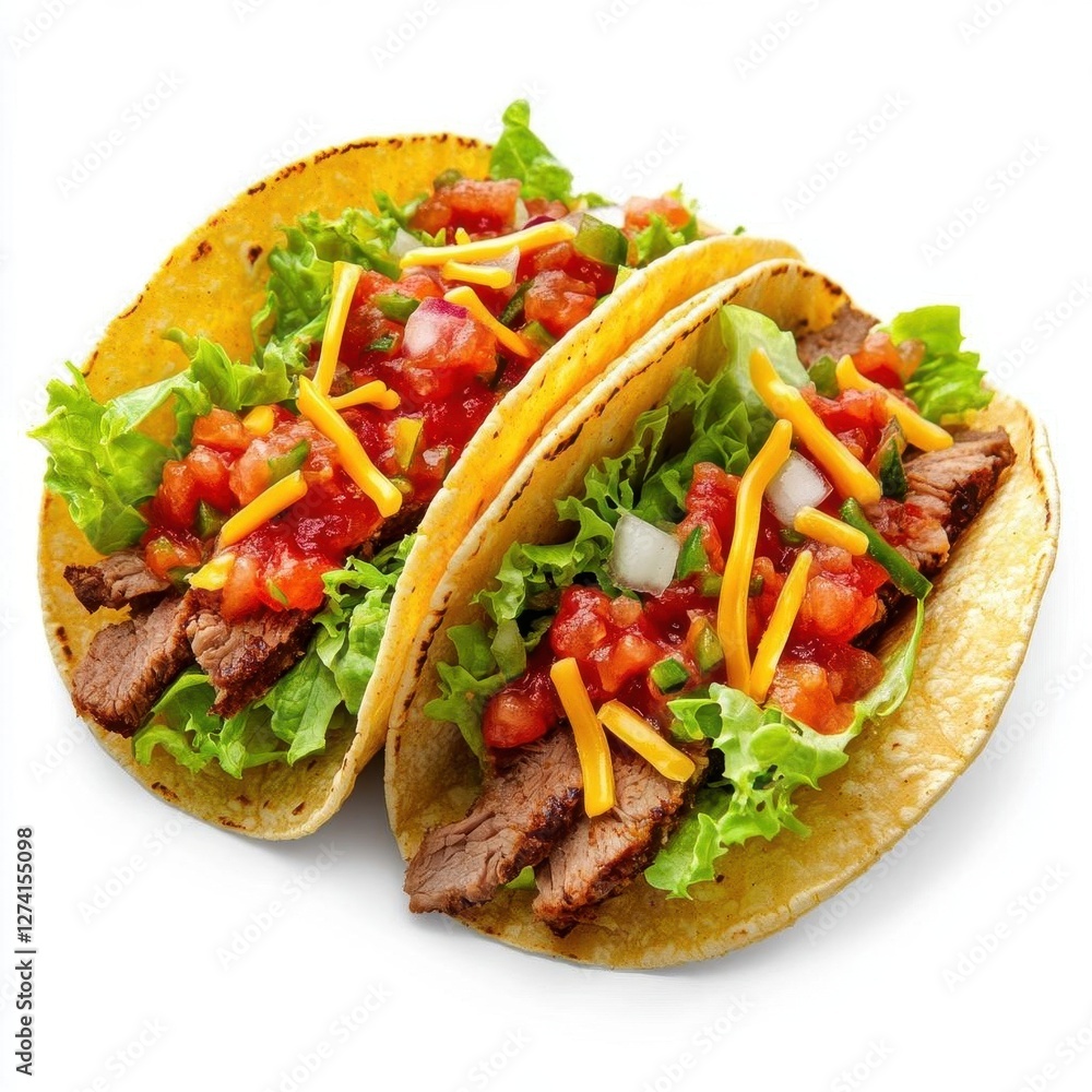 Two Tacos Side-by-Side Isolated on White Background with Fresh Ingredients Visible Two Tacos Side-by-Side Isolated on White Background with Fresh Ingredients Visible