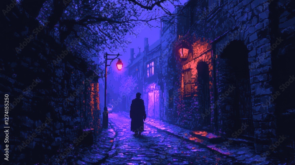 A pixel thief sneaking in a dark alley, purple neon lights A pixel thief sneaking in a dark alley, purple neon lights