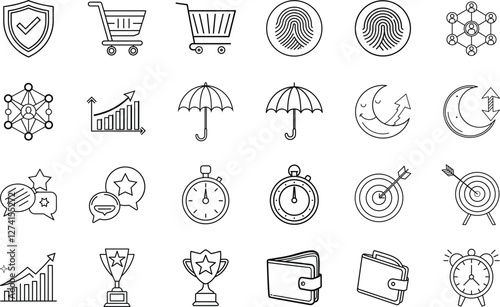 Business Success Icons Growth, Security, Time, Goals, and Shopping