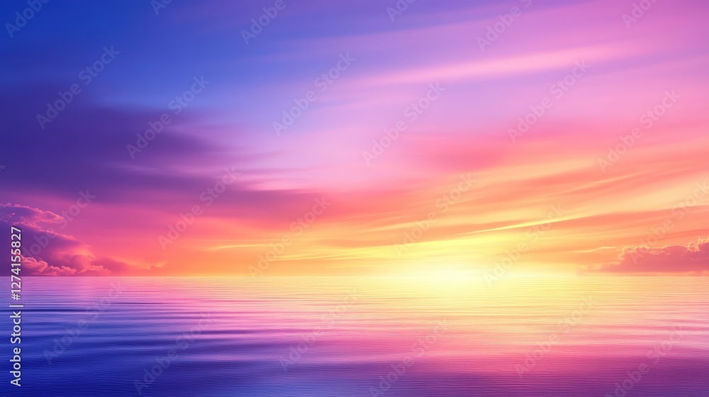 Obraz premium A breathtaking sunset over calm waters, showcasing vibrant hues of purple, pink, and orange in the sky, reflecting beautifully on the tranquil surface, creating a serene atmosphere