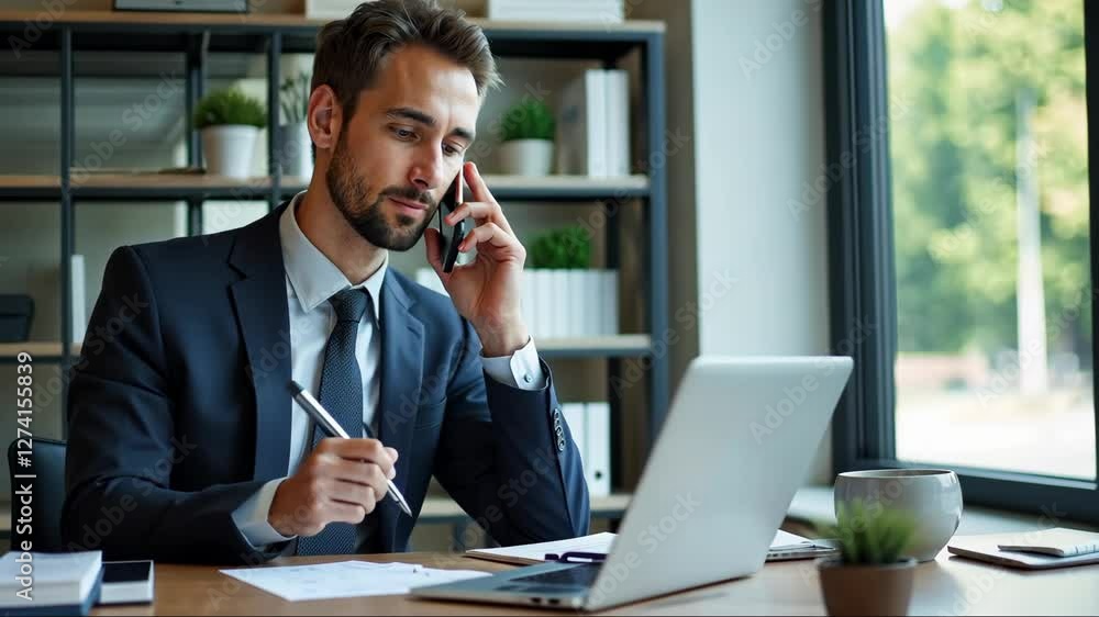 Man in a suit is talking on his cell phone while sitting at a desk with a laptop and a cup Man in a suit is talking on his cell phone while sitting at a desk with a laptop and a cup