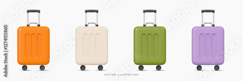 3D Suitcase for travel icon set. Cabin luggage. Plastic bag for flight. Journey concept. Time to tourism and vacation. Booking your next trip. Cartoon design icons isolated. 3D Vector illustration