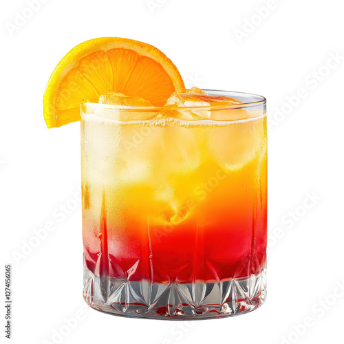 a vibrant tequila sunrise cocktail clipart, gradient orange and red drink, citrus slice garnish, isolated on white background