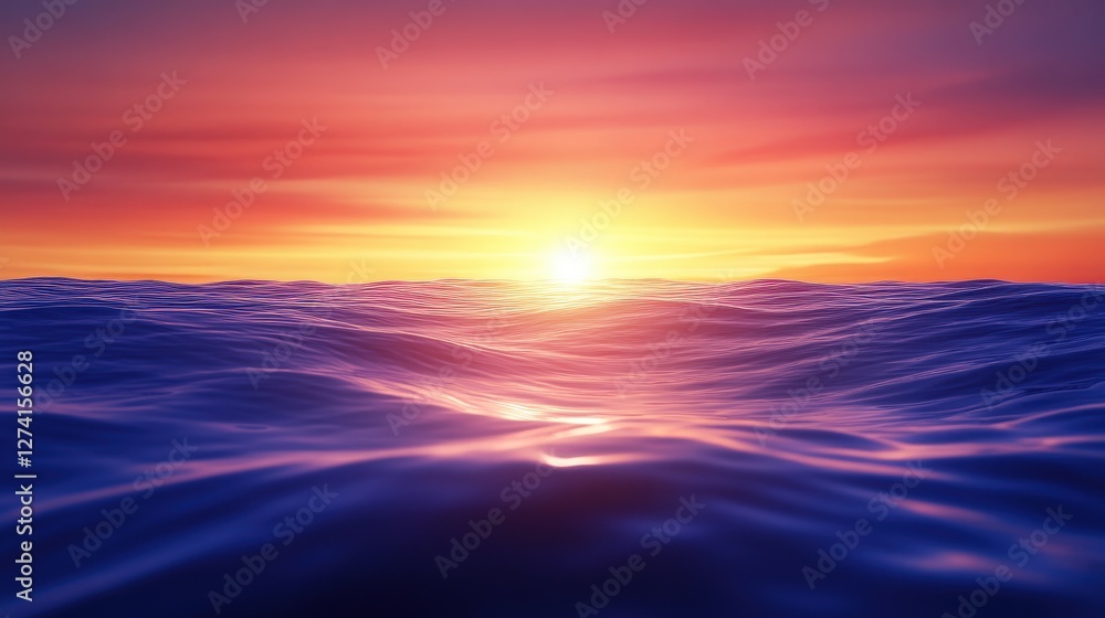 Obraz premium A serene sunset over tranquil waters, showcasing vibrant hues of orange, pink, and purple, reflecting on the gentle waves. This scene captures the beauty of nature's calm moments.