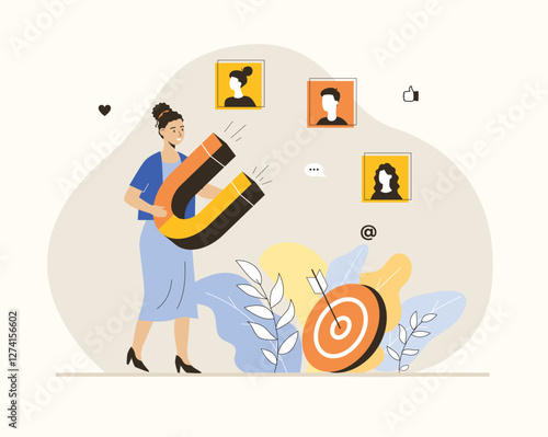 Inbound marketing concept. Businesswoman holding huge magnet in hands attracting new clients. Flat vector illustration.	
