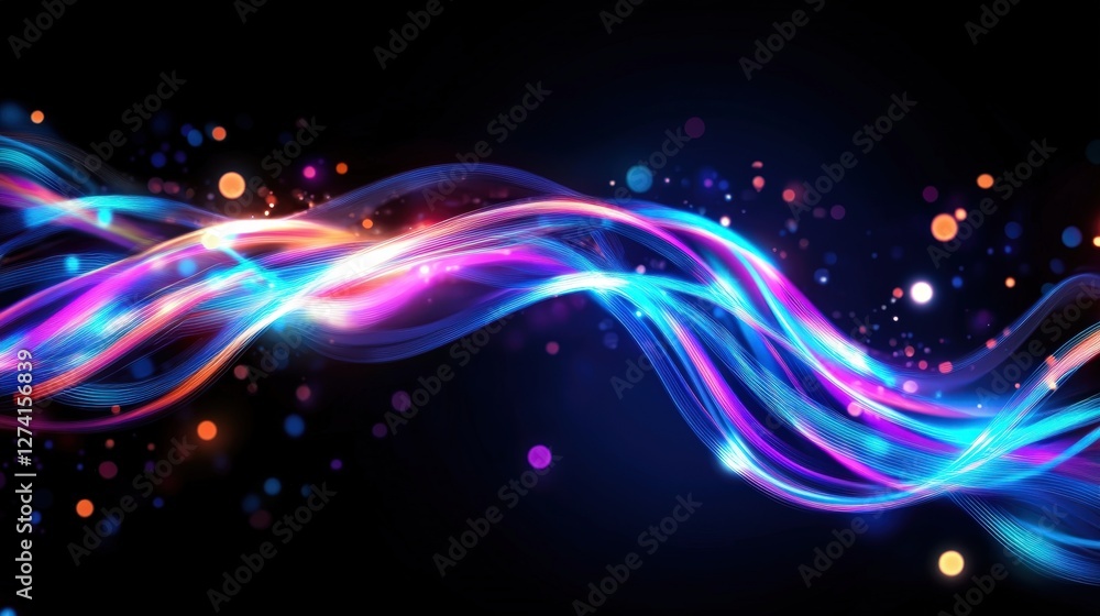 Vibrant abstract wave design with illuminated flowing lines and colorful dots on a dark background, perfect for creative projects, digital art, and visual compositions. Vibrant abstract wave design with illuminated flowing lines and colorful dots on a dark background, perfect for creative projects, digital art, and visual compositions.