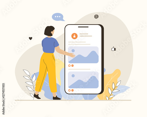 Social media. Woman communication in messengers, post interesting content in social networks. Reactions and comments. Flat vector illustration.	
