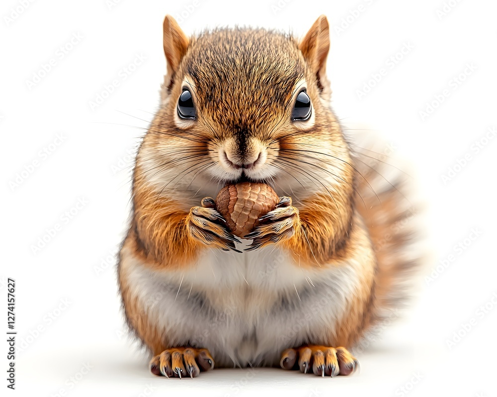 Fototapeta premium Chunky Squirrel Holding Acorn on White Background