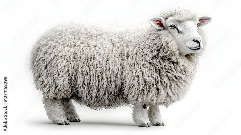 Fototapeta premium Overweight fluffy sheep resembling a giant cotton ball standing on white background