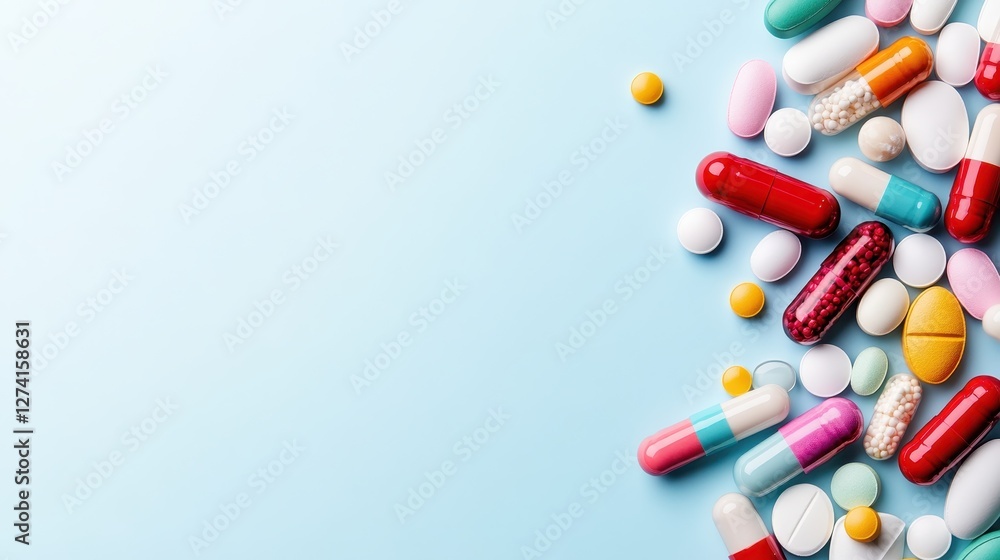 An array of colorful pills meticulously arranged on a blue backdrop, representing various health options and the importance of well-being in contemporary life. An array of colorful pills meticulously arranged on a blue backdrop, representing various health options and the importance of well-being in contemporary life.