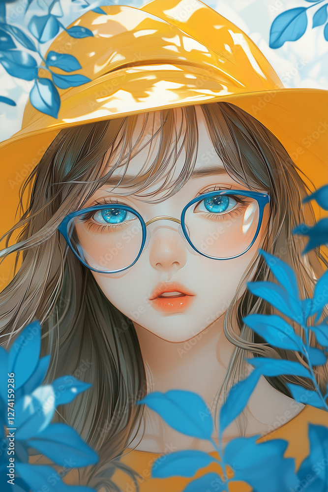 Fototapeta premium Modern stylish illustration with elements of fashion graphics and quotes from anime, a young woman with glasses and a yellow hat among blue leaves, a postcard for women's holidays