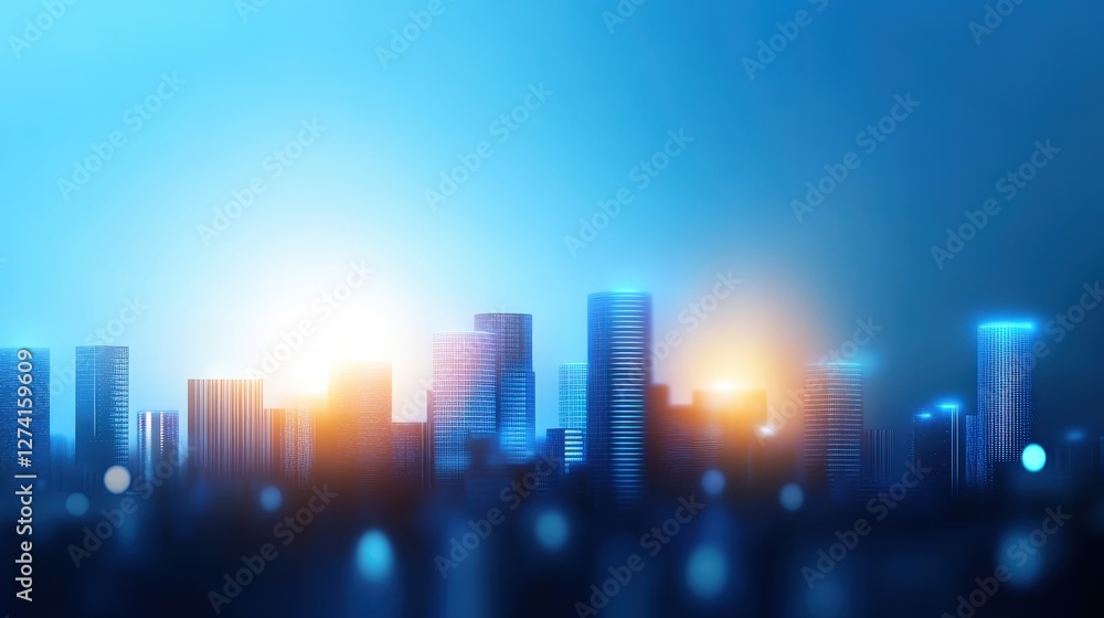 Fototapeta premium A stunning skyline at dawn with glowing buildings illuminated by soft light. The blend of blue and orange hues creates a serene atmosphere, perfect for urban-themed projects.