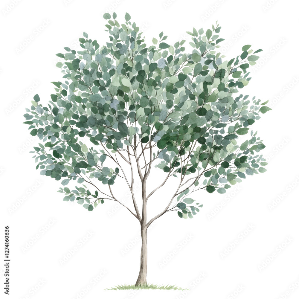 a green eucalyptus tree clipart, botanical element, soft green leaves and gray bark, isolated on white background a green eucalyptus tree clipart, botanical element, soft green leaves and gray bark, isolated on white background