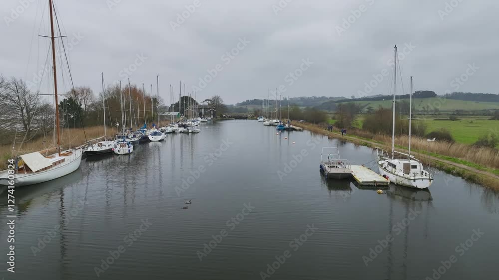 Turf Lock and Exeter Canal from a drone, Exminster, Exeter, Devon, England Turf Lock and Exeter Canal from a drone, Exminster, Exeter, Devon, England