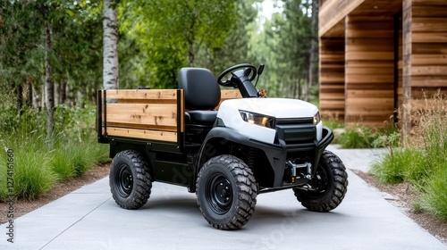 This utility vehicle with a wooden bed is prominently showcased in a lush green environment, highlighting its functionality in rugged terrains for outdoor tasks. photo