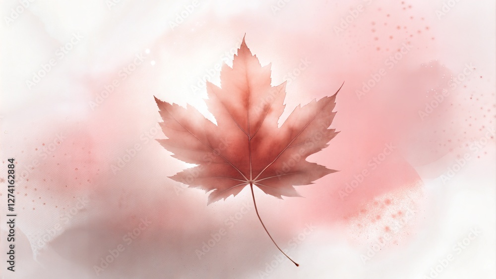 Fototapeta premium Japanese-inspired ink painting of falling maple leaf on pink-to-white gradient wash