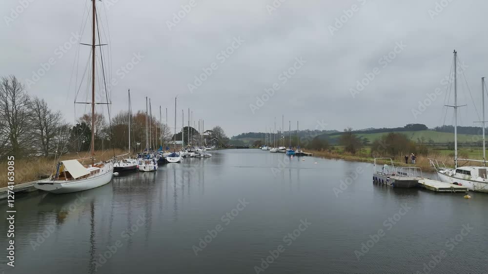 Turf Lock and Exeter Canal from a drone, Exminster, Exeter, Devon, England Turf Lock and Exeter Canal from a drone, Exminster, Exeter, Devon, England