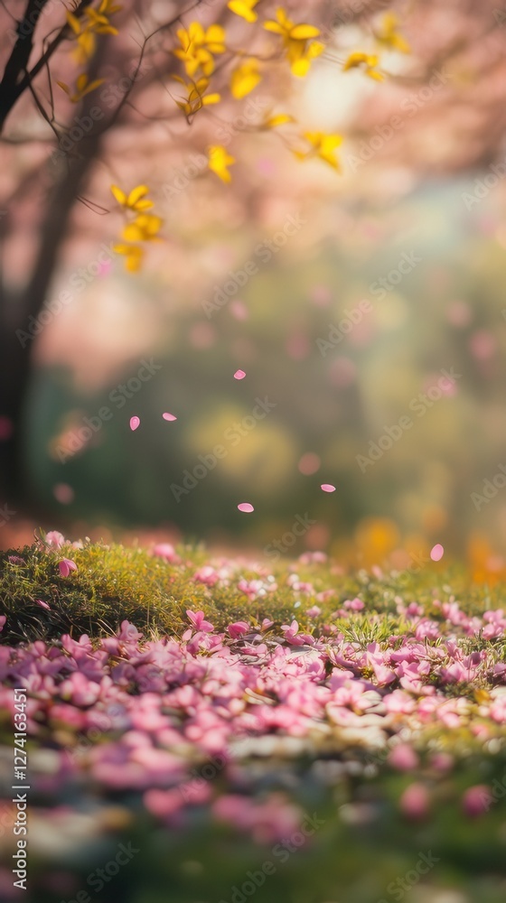 Obraz premium Dreamy spring scene with delicate pink petals drifting through the air, covering the ground in a soft floral carpet, framed by golden leaves and a blurred background of blooming trees.