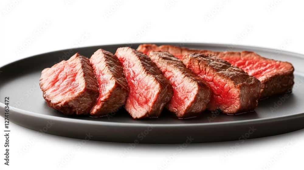 Juicy and perfectly cooked steak slices served on a sleek black plate. The rich marbling and tender texture highlight its deliciousness, making it an ideal dish for meat lovers. Juicy and perfectly cooked steak slices served on a sleek black plate. The rich marbling and tender texture highlight its deliciousness, making it an ideal dish for meat lovers.
