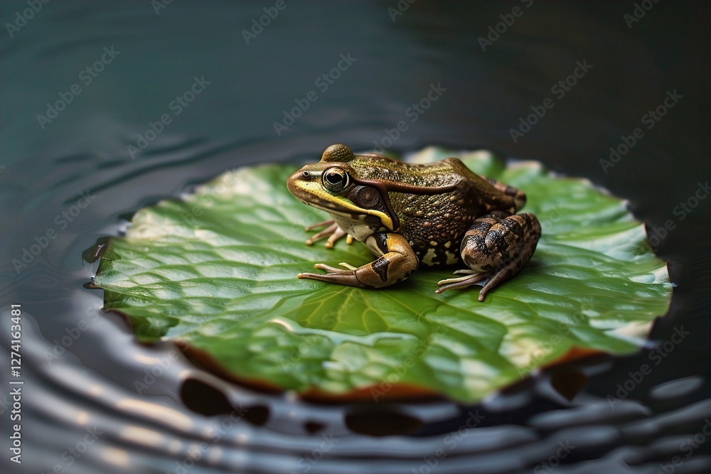 A calm frog sits on a large green lily pad, surrounded by rippling water, showcasing a serene natural setting. Entrepreneurial Frog, Patience and Strategy for Business Success A calm frog sits on a large green lily pad, surrounded by rippling water, showcasing a serene natural setting. Entrepreneurial Frog, Patience and Strategy for Business Success