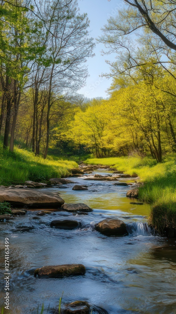 Tranquil spring landscape with a gently flowing stream surrounded by lush green grass and vibrant trees, bathed in warm sunlight, evoking peace, serenity, and natural beauty. Tranquil spring landscape with a gently flowing stream surrounded by lush green grass and vibrant trees, bathed in warm sunlight, evoking peace, serenity, and natural beauty.