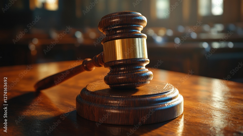 Wooden gavel on a polished table in a courtroom with warm lighting creating a focused atmosphere Wooden gavel on a polished table in a courtroom with warm lighting creating a focused atmosphere