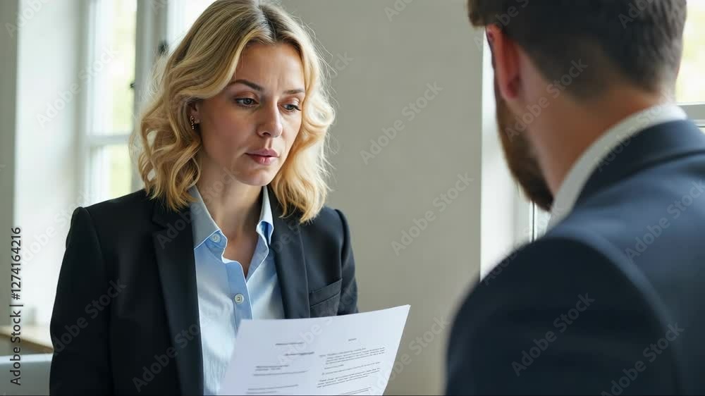 Woman and a man are sitting at a table with a piece of paper in front of them. The woman is looking at the paper while the man looks away