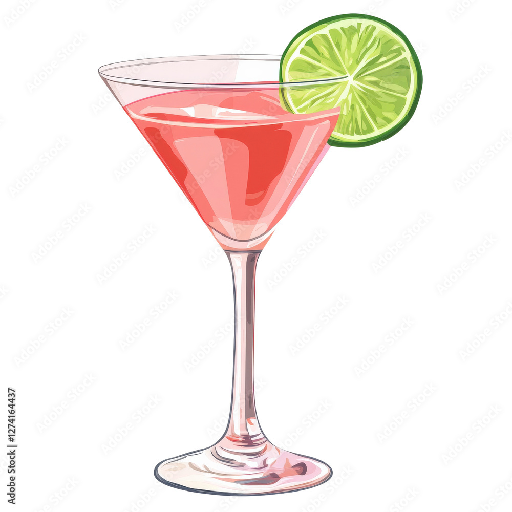 a cosmopolitan cocktail clipart, iconic drink element, pink hue with lime wedge, isolated on white background a cosmopolitan cocktail clipart, iconic drink element, pink hue with lime wedge, isolated on white background
