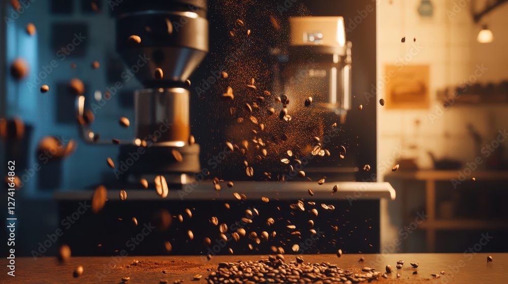 Roasted Coffee Beans Falling From Grinder Roasted Coffee Beans Falling From Grinder