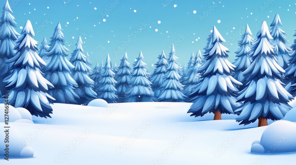 Fototapeta premium A serene winter landscape featuring snow-covered pine trees under a bright blue sky, with gentle snowfall creating a magical and peaceful atmosphere.