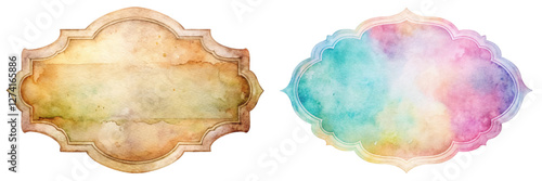 Watercolor frames, vintage design, colorful backgrounds, blank space, artistic elements, decorative borders, versatile use.