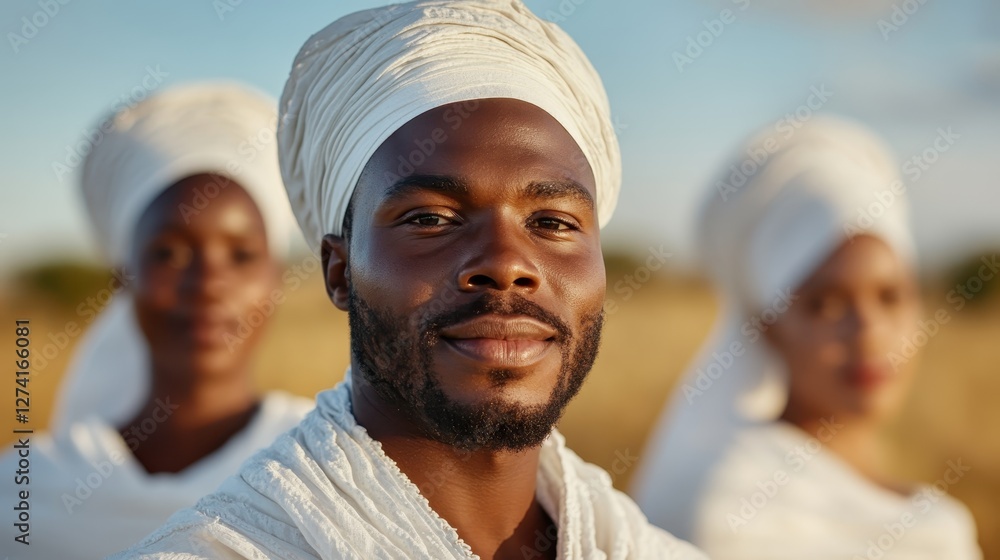 An inspiring group portrait of individuals draped in white fabrics, radiating confidence and unity against an open landscape, evoking feelings of belonging and strength. An inspiring group portrait of individuals draped in white fabrics, radiating confidence and unity against an open landscape, evoking feelings of belonging and strength.