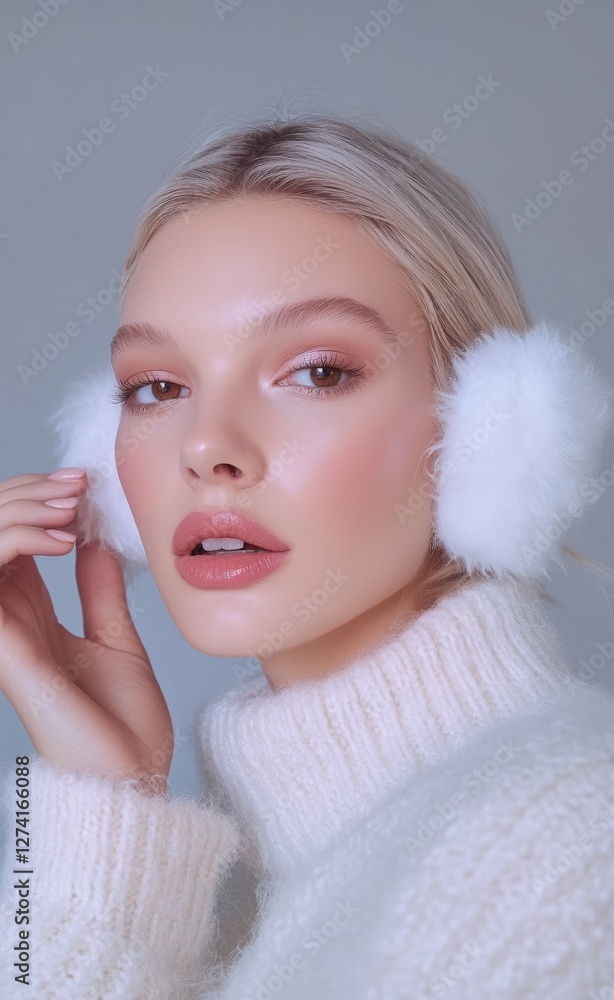 Winter Beauty Portrait of a blonde Woman with Fluffy White Earmuffs and Soft Glam Makeup Winter Beauty Portrait of a blonde Woman with Fluffy White Earmuffs and Soft Glam Makeup