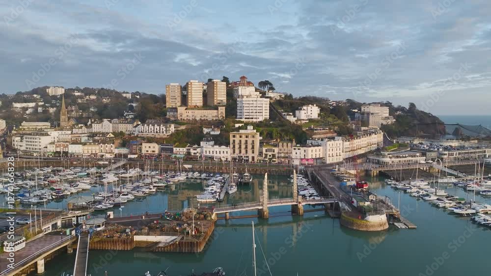 Torquay Marina and Harbour from a drone, English Riviera, Torbay, Devon, England, Europe Torquay Marina and Harbour from a drone, English Riviera, Torbay, Devon, England, Europe