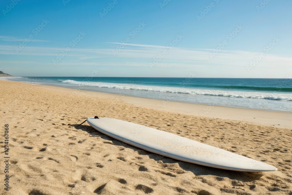 surf board on the beautiful sand beach with blue sky in summer vacation surf board on the beautiful sand beach with blue sky in summer vacation