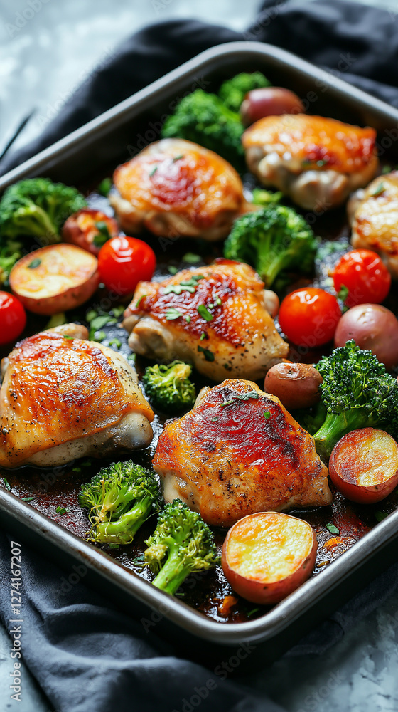 Sheet pan dinner of chicken thighs, broccoli and tomatoes