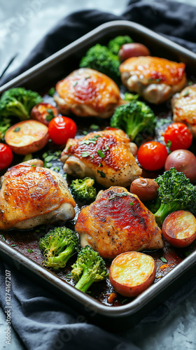 Obraz na płótnie Sheet pan dinner of chicken thighs, broccoli and tomatoes w salonie