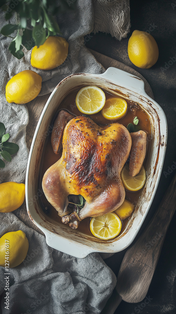 Overhead illustration of a poultry main dish with citrus flavors