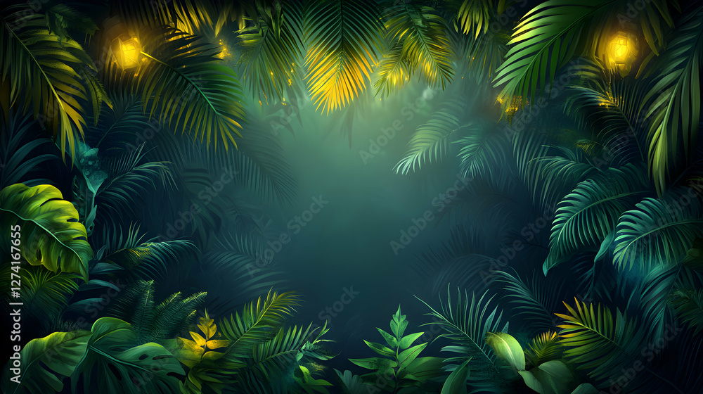 Lush Tropical Jungle Scene with Palm Trees and Exotic Foliage Lush Tropical Jungle Scene with Palm Trees and Exotic Foliage
