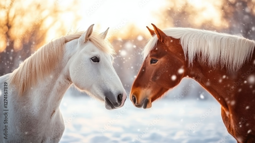 Obraz premium Two stunning horses, one brown and one white, elegantly nuzzle each other amidst a picturesque snowy backdrop, encapsulating love and companionship in nature.