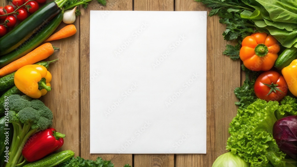 Frame of fresh vegetables on a wooden table with empty paper, Flat lay vegetables border frame with blank recipe paper. Concept for Healthy vegetarian food recipe or menu Frame of fresh vegetables on a wooden table with empty paper, Flat lay vegetables border frame with blank recipe paper. Concept for Healthy vegetarian food recipe or menu