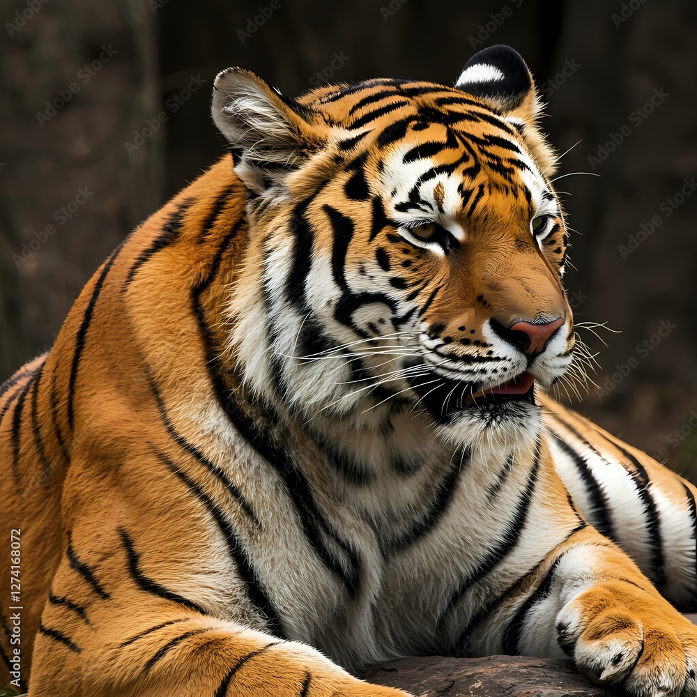 Obraz premium Majestic Tiger in the Wild: Close-Up Portrait of a Fierce Predator in Natural Habitat, Perfect for Wildlife and Nature Themes