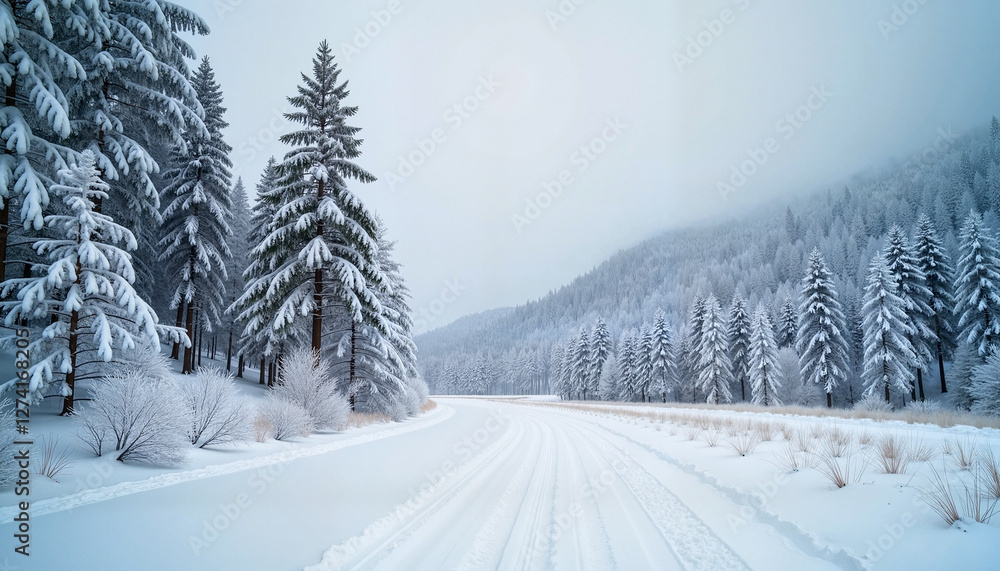 Obraz premium Snowy forest trail in winter with snow-covered trees