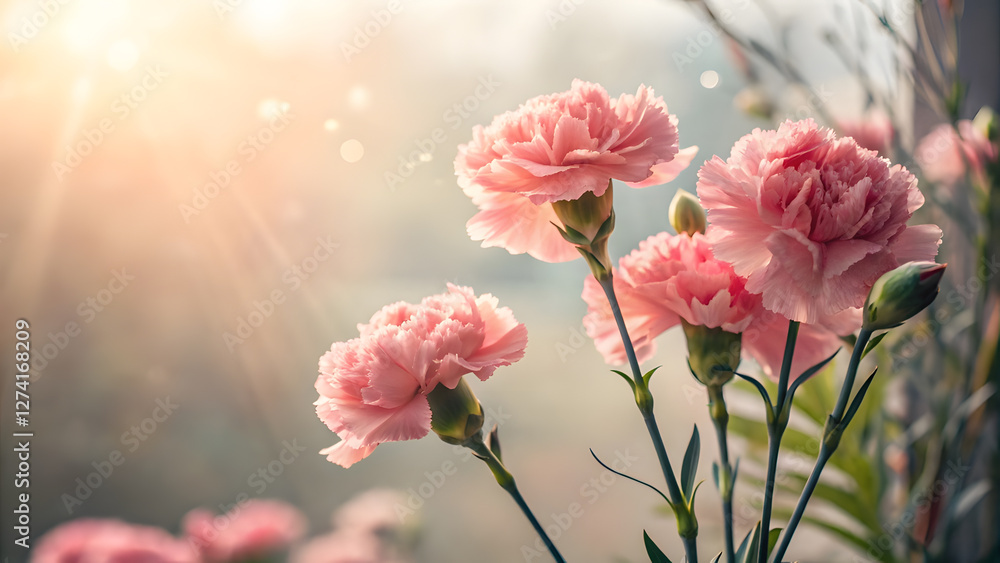 Obraz premium Sunlit Pink Carnations Against Dreamy Blurred Background. Perfect for: Mother's Day, dreamy designs, warmth-filled greetings