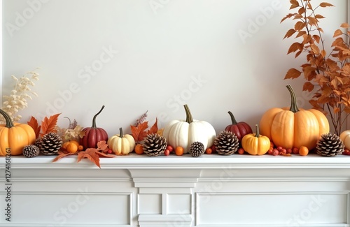 Fototapeta Naklejka Na Ścianę i Meble -  Close-up of fall home decor with pumpkins, leaves, pine cones on mantle. Seasonal aesthetics, Halloween, Thanksgiving background, cozy home vibe. Composite living room backdrop. Autumn harvest