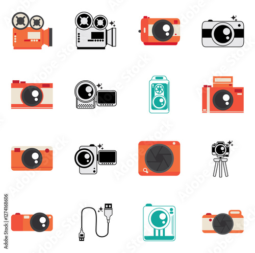 Vector icon set of photo and video cameras with white background