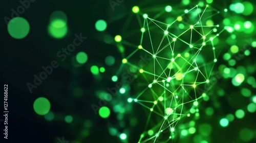 An abstract image featuring green light particles interconnected by lines, representing digital connectivity and innovation in technology and data visualization.