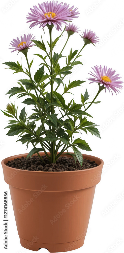 Fototapeta premium Potted Pink Aster Flowers Blooming Spring Plant in Terracotta Pot Home Gardening